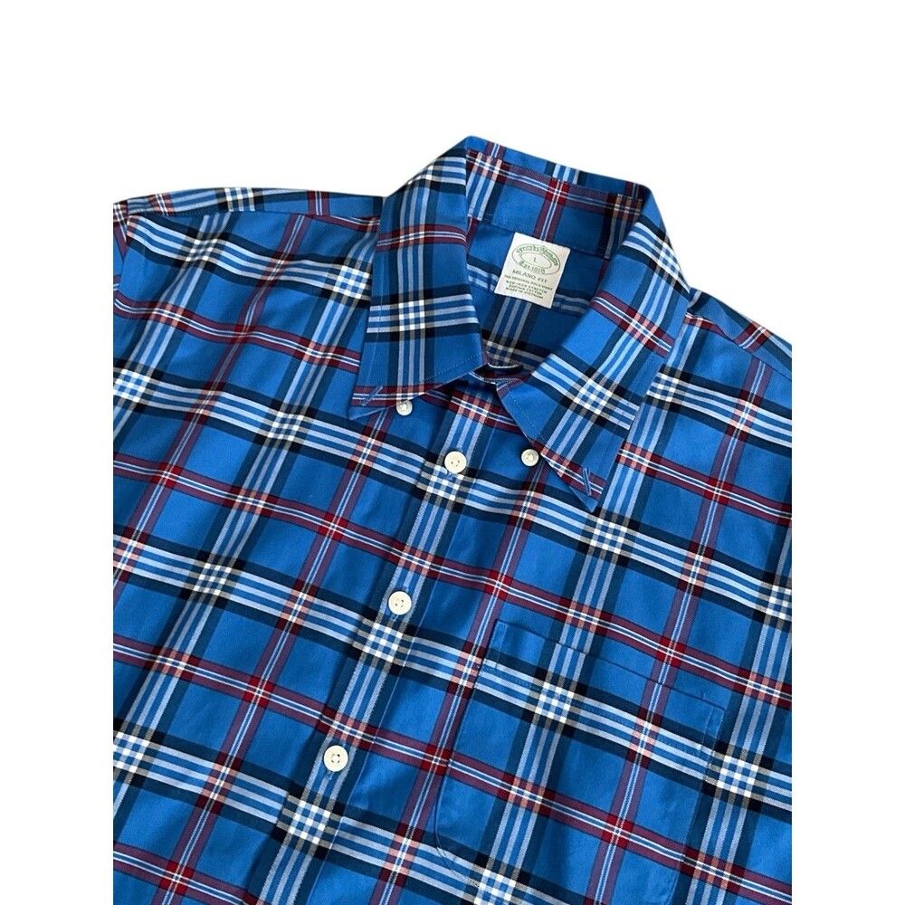 Brooks Brothers Shirt Mens L Blue Red Milano Button Down Plaid Tartan Supima